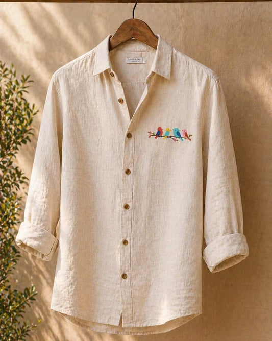 Oxfordlane Men's Premium Beige Bird Embroidered Casual Shirt | Full Sleeve Regular Fit Cotton Linen Blend Shirt