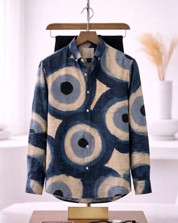 Oxfordlane Men's Premium Navy Blue Abstract Circle Printed Casual Shirt | Full Sleeve Regular Fit Designer Statement Shirt