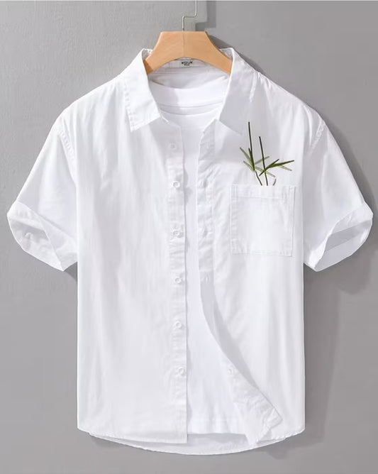 Oxfordlane Men's Premium White Minimal Embroidered Casual Shirt | Half Sleeve Regular Fit Summer Cotton Shirt