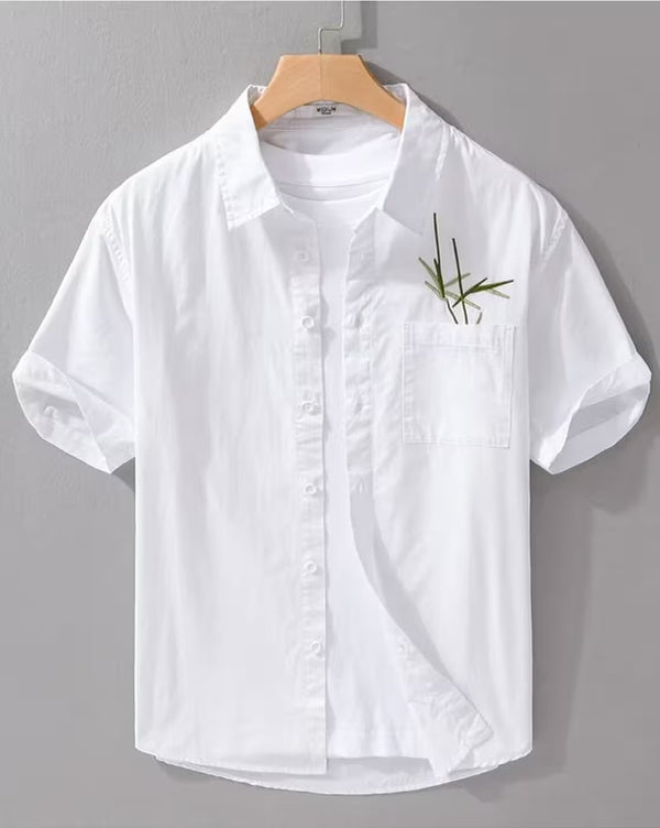 Oxfordlane Men's Premium White Minimal Embroidered Casual Shirt | Half Sleeve Regular Fit Summer Cotton Shirt