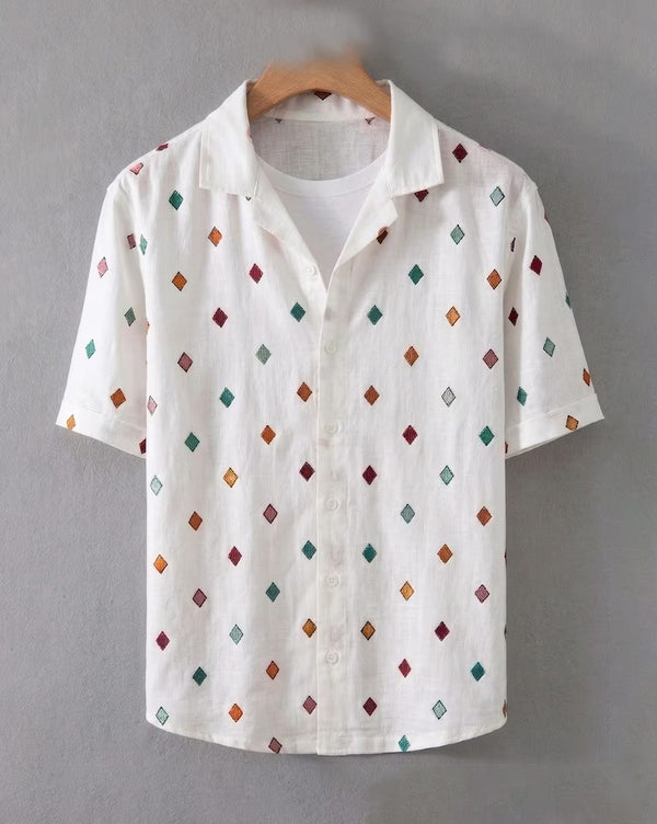 Oxfordlane Men's Premium White Diamond Printed Casual Shirt | Half Sleeve Regular Fit Summer Vacation Shirt