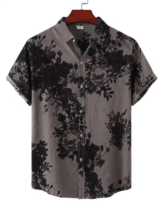 Oxfordlane Men's Premium Grey Floral Printed Casual Shirt | Half Sleeve Regular Fit Summer Vacation Shirt