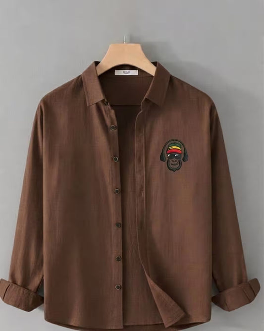 Oxfordlane Men's Premium Coffee Brown Gorilla Embroidered Casual Shirt | Full Sleeve Regular Fit Smart Casual Shirt